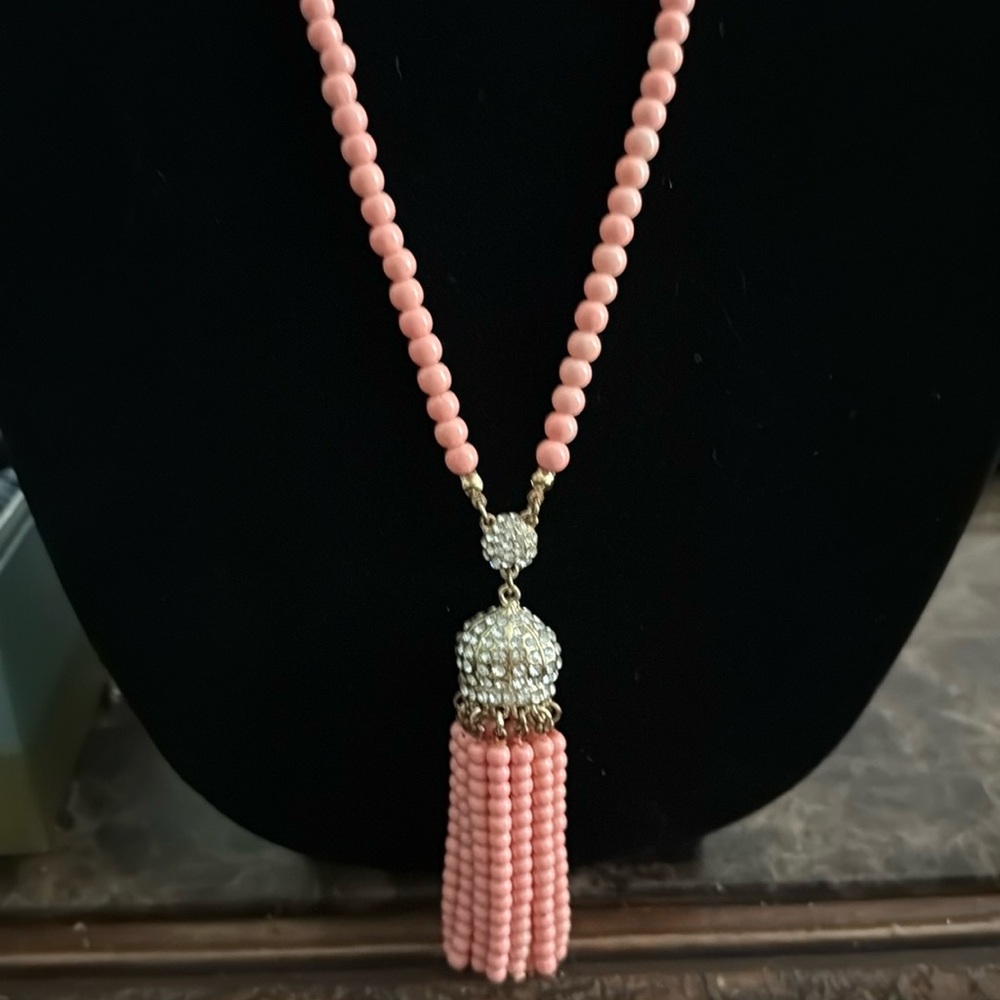 Necklace stunning long tasseled with crystal embellishment salmon colored beads